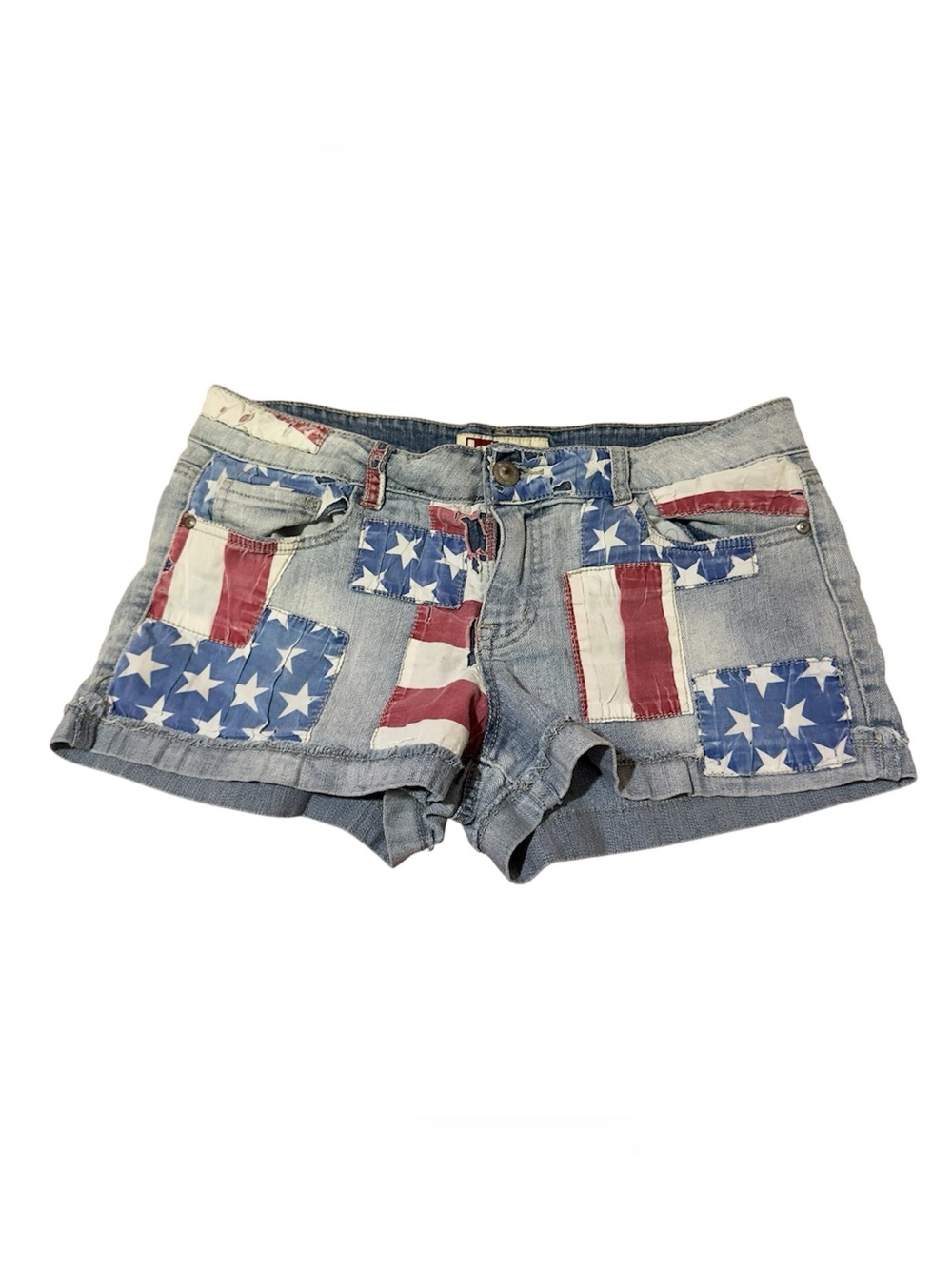 Denim American Flag Patchwork Women's Shorts - Blue